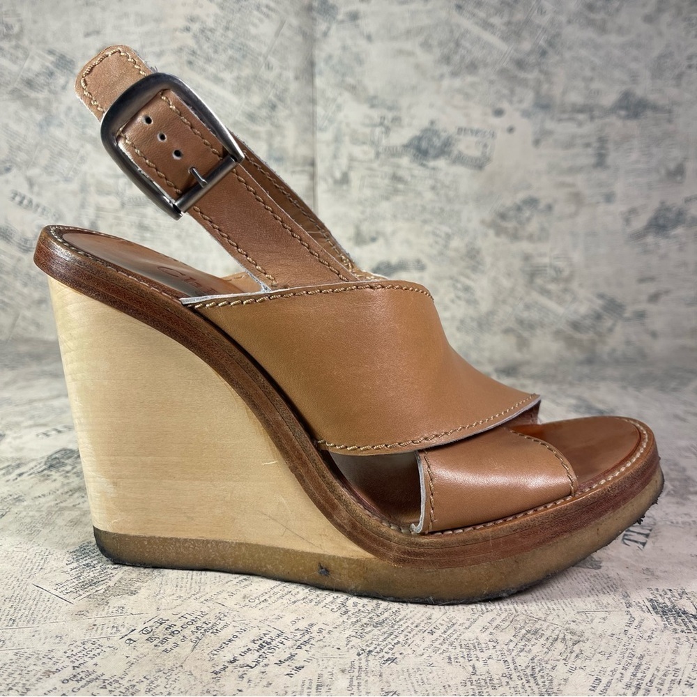 Chloe Tan Leather Wedge Sandals